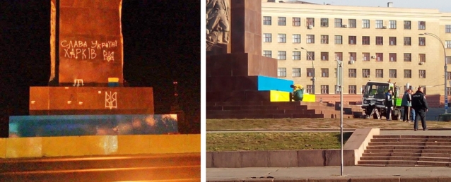 Харьковские коммунальщики утром отмывали Ленина на площади Свободы